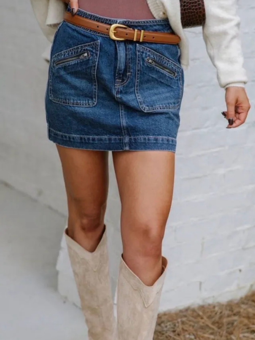 Classic Blue Denim Mini Skirt with Front Zip Pockets